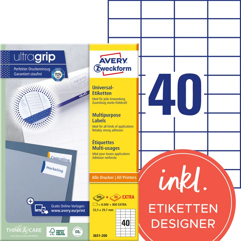 Avery Zweckform étiquettes, 3651-200, 29.7 x 52.5 mm, 220 feuilles